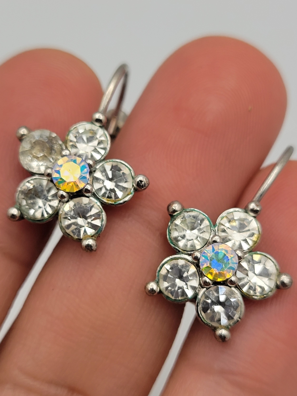 Vintage Rhinestone Flower Leverback Earrings